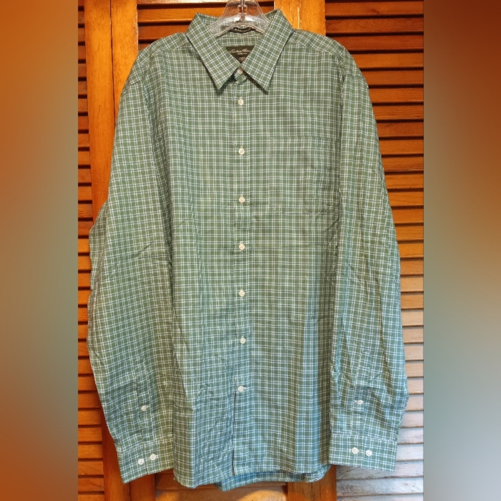 Eddie Bauer Wrinkle Resistant Classic Fit Green Plaid Long Sleeve Mens Shirt XLT